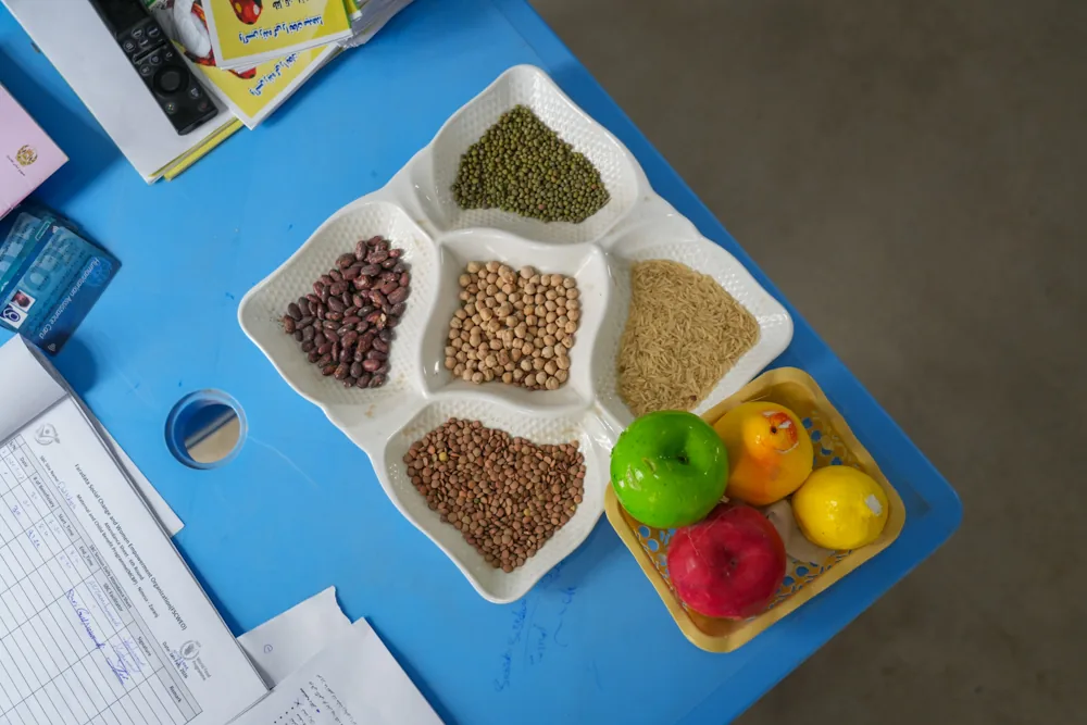 Fruit, grains and pulses displayed for a nutrition lesson